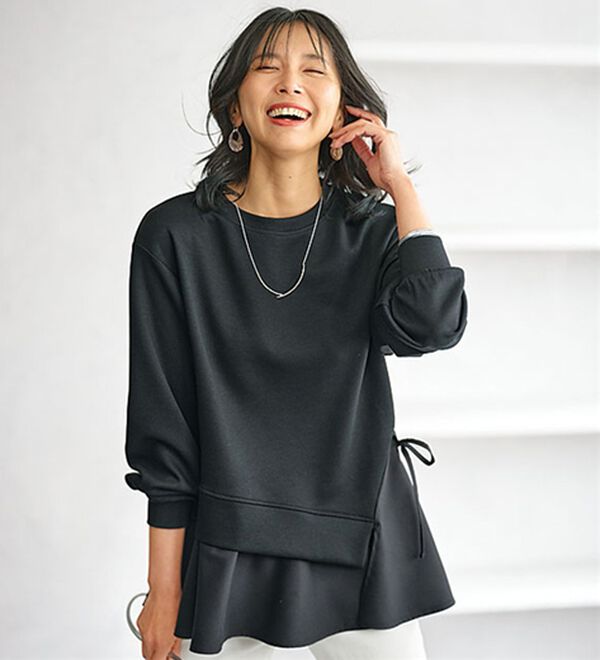 BELLUNA（ベルーナ）の「サイドリボン使い異素材切替プルオーバー（カットソー）」｜黒