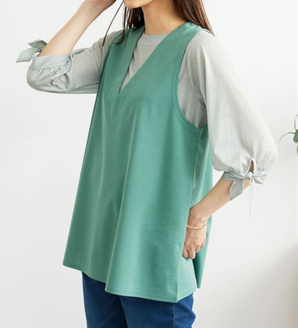 BELLUNA（ベルーナ）の「【2点セット】ストライプシャツ&times;ベストアンサンブル（アンサンブル）」｜詳細画像