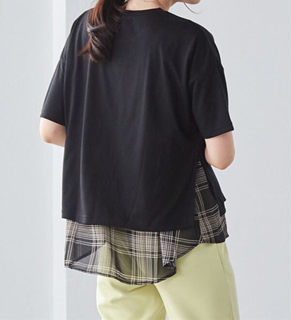 チェック柄異素材使いTシャツ - ベルーナ【公式】