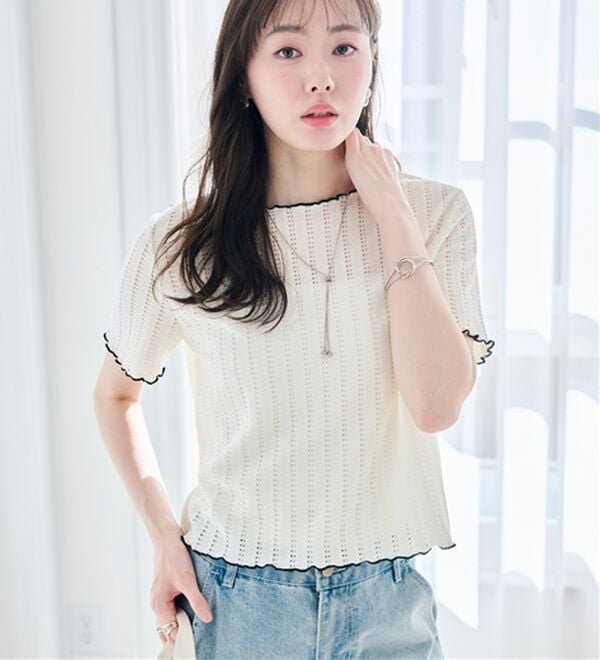 RANAN（ラナン）の「インせず着られる！透かし柄メロー配色Ｔシャツ（カットソー）」｜詳細画像