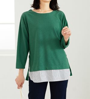 BELLUNA（ベルーナ）の「 ラメストライプシャツフェイクチュニック（チュニック）」｜グリーン系