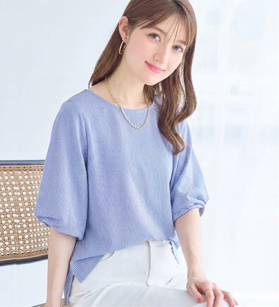 alotta（アロッタ）の「さらっと軽い綿混ストライプ袖タックプルオーバー（ブラウス）」