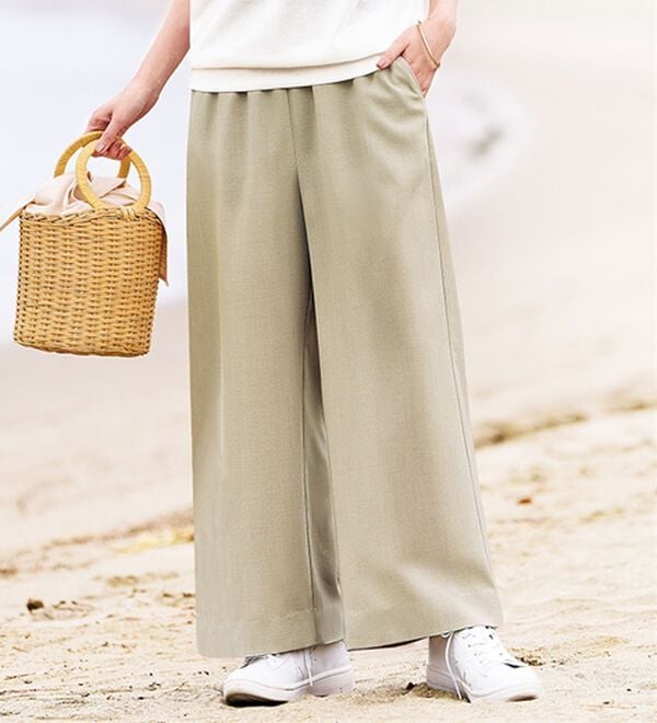 BELLUNA（ベルーナ）の「畳んでもシワにならない！麻調ワイドパンツ（ワイドパンツ・ガウチョ）」｜グレージュ