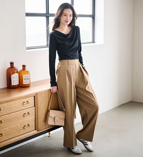 RANAN（ラナン）の「【春色追加】上品ドレープリブロングＴシャツ（カットソー）」｜詳細画像