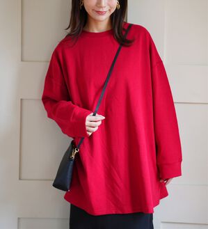 A HAPPY MARILYN（アハッピーマリリン）の「【Ｍ～８Ｌ】スウェット苦手さんも嬉しい！長袖／七分袖から選べる 綿混 トレーナーライク ビッグシルエット Ｔシャツ（Tシャツ）」｜レッド