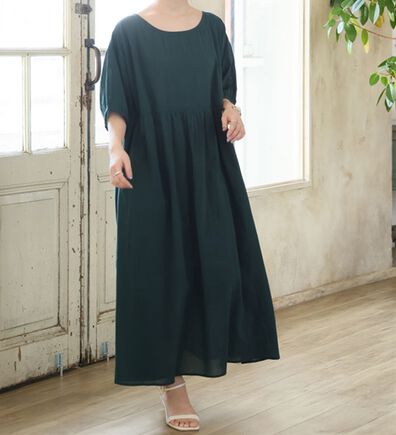 A HAPPY MARILYN（アハッピーマリリン）の「【Ｌ～６Ｌ】【風通るプレミアム】綿・楊柳、五分袖ウエスト切替ワンピース。（ロングワンピース）」