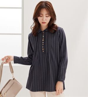 BELLUNA（ベルーナ）の「【ふわふわ裏ファー】パチパチしにくい裏ファーオーバーブラウス（ブラウス）」｜ストライプ