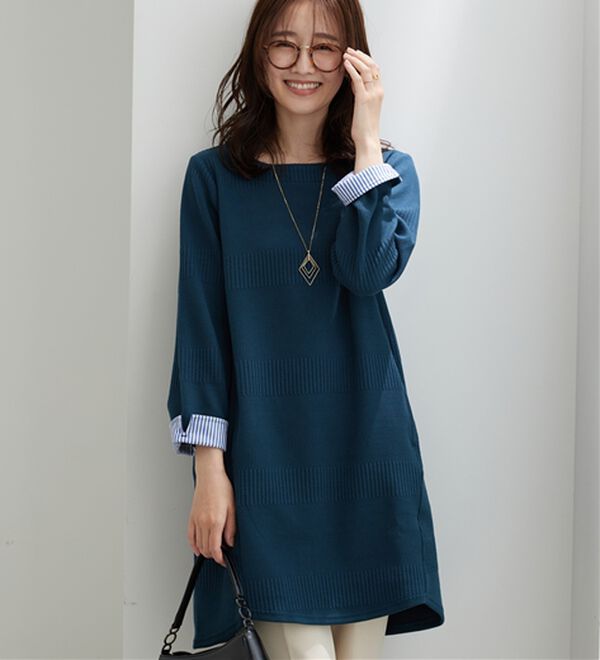 BELLUNA（ベルーナ）の「後ろボタンボーダージャカードワンピース（その他ワンピース）」｜詳細画像