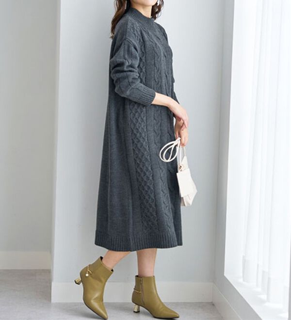 BELLUNA（ベルーナ）の「ケーブル柄ロング丈ニットワンピース（ニットワンピース）」｜詳細画像