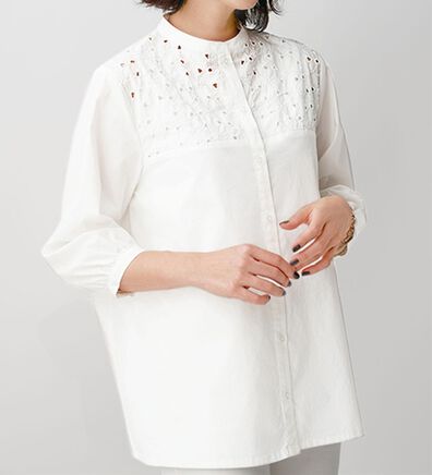 BELLUNA（ベルーナ）の「マーゼライズコットン１００％　アルガンオイル加工刺しゅう使いブラウス（ブラウス）」