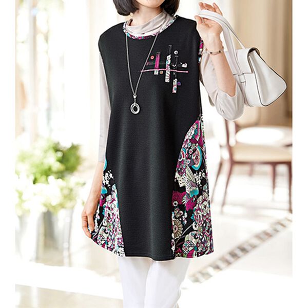 BELLUNA（ベルーナ）の「ニットちりめんプリント切替チュニック（チュニック）」｜詳細画像