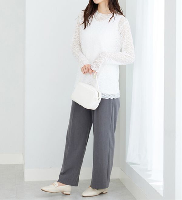 BELLUNA（ベルーナ）の「【重ね着にぴったり♪】のびやかレース素材メロー使いインナー（カットソー）」｜詳細画像