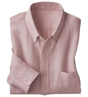 「＜シンプル＆プラス＞お手入れ簡単オックスフォードシャツ（メンズシャツ）」｜ピンク 長袖