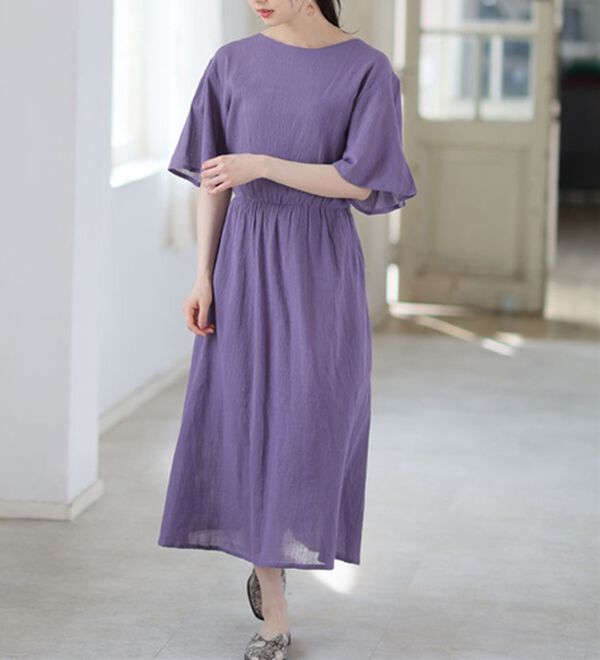 A HAPPY MARILYN（アハッピーマリリン）の「風通る 綿 楊柳 フレア袖 ウエストゴム ワンピース（カットソーワンピース）」｜詳細画像