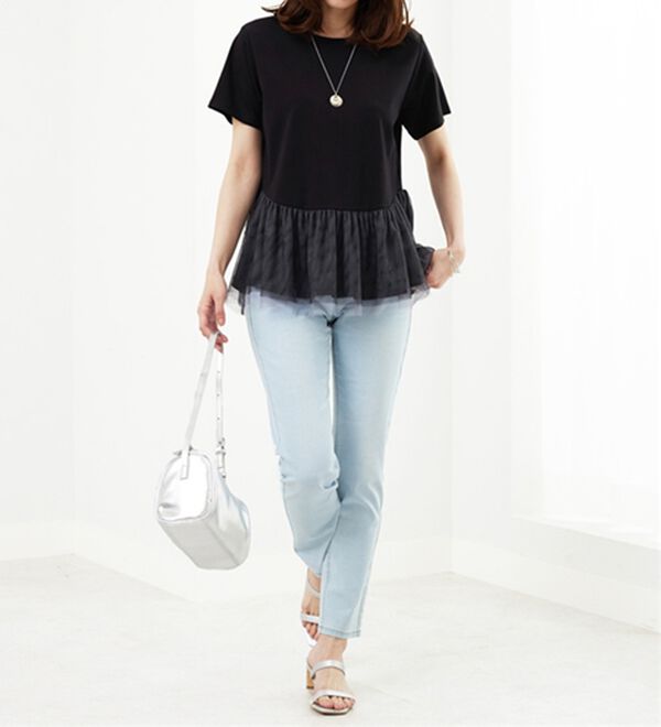 BELLUNA（ベルーナ）の「【Ｌａｇｒｉｌｕａ】チュール素材切替デザインチュニック（カットソー）」｜詳細画像