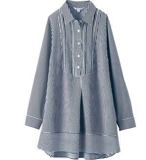 BELLUNA（ベルーナ）の「ピンタック使い麻調合繊シャツチュニック（チュニック）」｜ストライプ