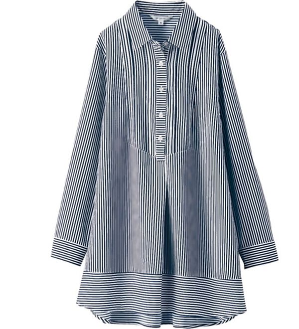 BELLUNA（ベルーナ）の「ピンタック使い麻調合繊シャツチュニック（チュニック）」｜ストライプ