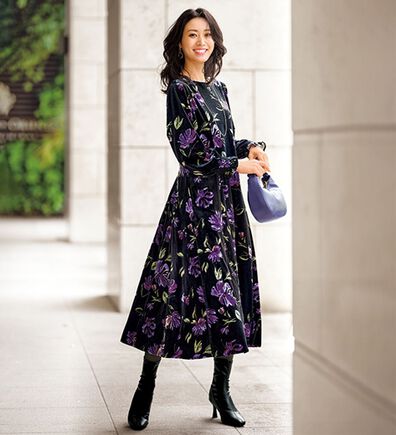 BELLUNA（ベルーナ）の「花柄プリントベロアワンピース（プリントワンピース）」