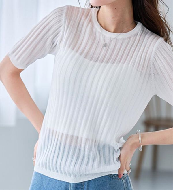 RANAN（ラナン）の「5分袖シアーラメリブニット（ニット・セーター）」｜詳細画像