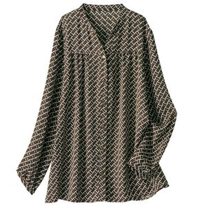 BELLUNA（ベルーナ）の「切替デザインプリントブラウス（チュニック）」｜幾何(ブラウン系)