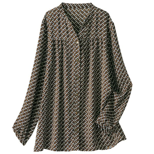 BELLUNA（ベルーナ）の「切替デザインプリントブラウス（チュニック）」｜幾何(ブラウン系)