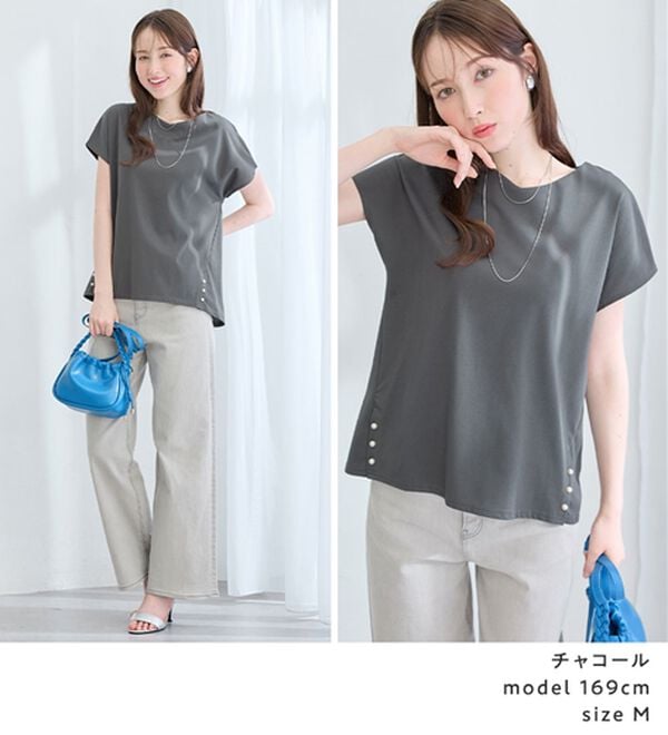 alotta（アロッタ）の「ひんやり裾パールデザインＴシャツ（カットソー）」｜詳細画像