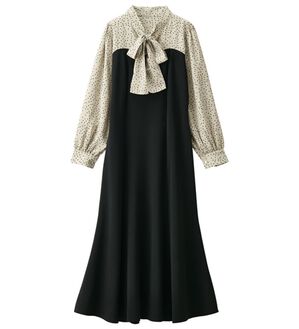 RANAN（ラナン）の「ボウタイデザインドッキングワンピース（ドッキングワンピース）」｜ブラック系(ドット柄)