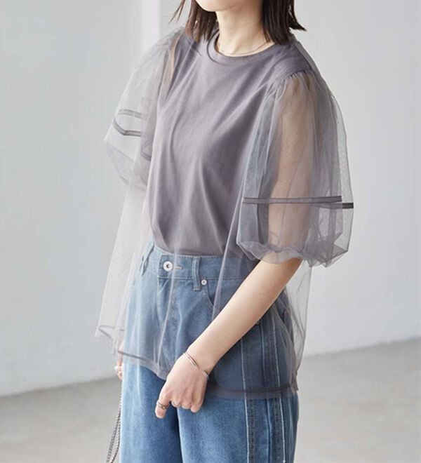 RANAN（ラナン）の「【ひんやり】チュールレイヤードパフスリーブTシャツ（カットソー）」｜詳細画像