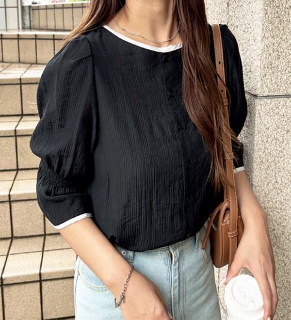 GeeRA（ジーラ）の「前後２ＷＡＹ配色パイピング５分袖ブラウス（ブラウス）」｜詳細画像