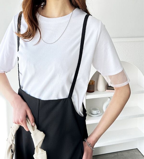 GeeRA（ジーラ）の「綿１００％袖シアー切替シルケットＴシャツ（Tシャツ）」｜詳細画像