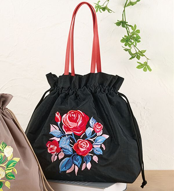 「バラ刺繍の巾着バッグ（その他バッグ）」｜ブラック