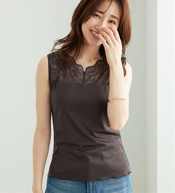 BELLUNA（ベルーナ）の「レース素材カップ付タンクトップ（タンクトップ・キャミソール）」｜チャコール