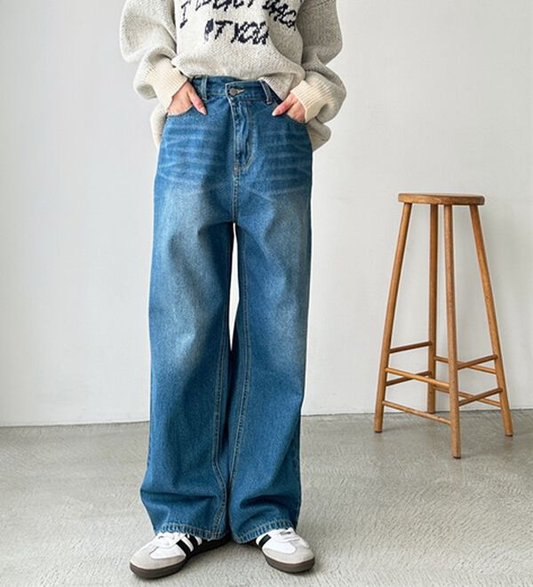 美脚見え！2ボタンウエストワイドデニムパンツ - ベルーナ【公式】