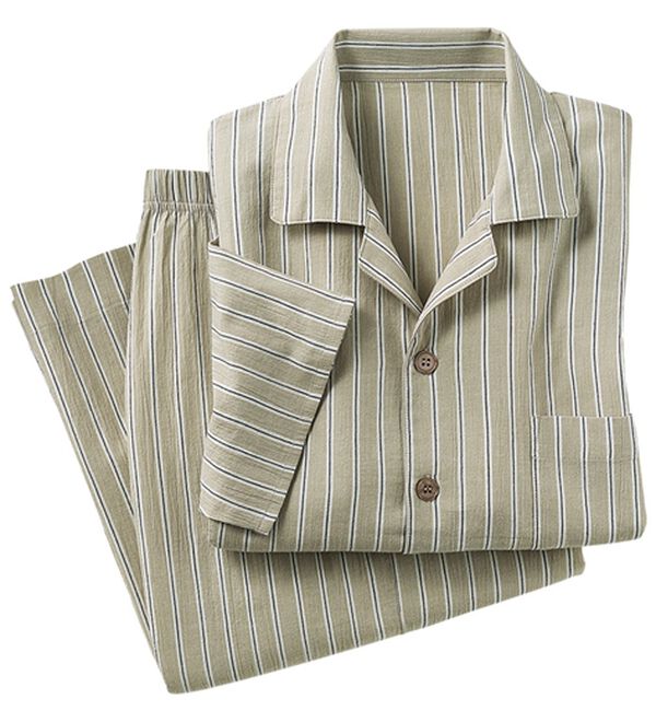 「綿１００％楊柳パジャマ（メンズルームウェア）」｜ベージュストライプ