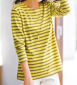 BELLUNA（ベルーナ）の「ポンチ素材ボーダープルオーバー（Tシャツ）」｜イエロー／グレー