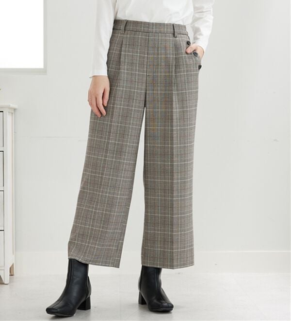 BELLUNA（ベルーナ）の「サマ見え（W）ボタン使いワイドパンツ（ワイドパンツ・ガウチョ）」｜グレンチェック