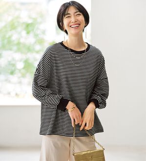 BELLUNA（ベルーナ）の「ゆったり体型カバー！ボーダープルオーバー（カットソー）」｜黒&times;アイボリー