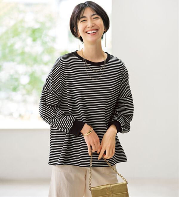 BELLUNA（ベルーナ）の「ゆったり体型カバー！ボーダープルオーバー（カットソー）」｜黒&times;アイボリー
