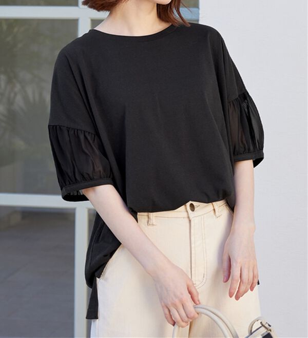Viola e Viola（ヴィオラ エ ヴィオラ）の「【５つの機能付】ボリューム袖シフォン切替Ｔシャツ（Tシャツ）」｜詳細画像