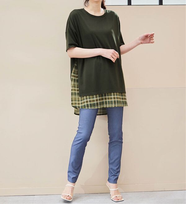 RANAN（ラナン）の「チェック柄異素材使いTシャツ（カットソー）」｜詳細画像