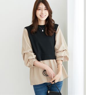 BELLUNA（ベルーナ）の「異素材切替袖タックデザインチュニック（チュニック）」｜ベージュ