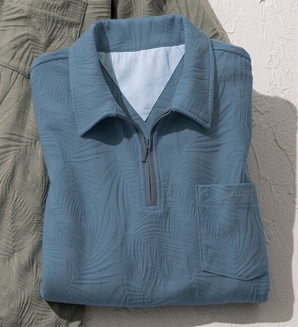 「＜コムルヴァン・オム・ゴルフ＞ジャカードデザインジップポロシャツ（メンズポロシャツ）」｜ブルー