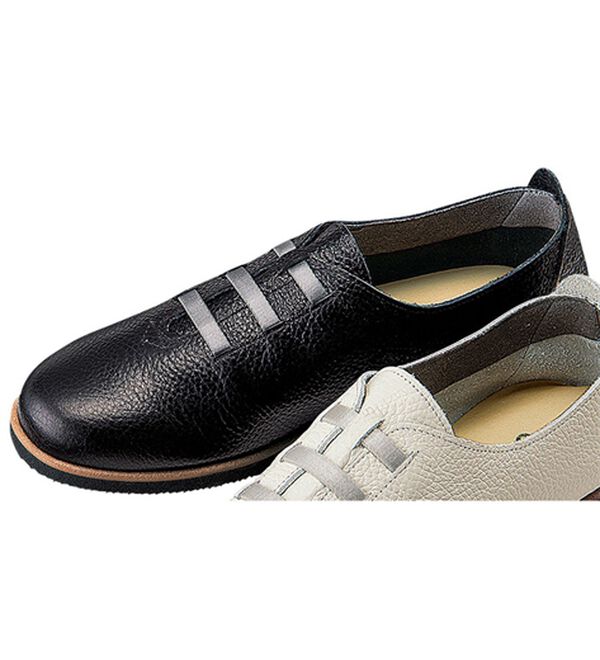 ルフラン（ルフラン）の「日本製　やわらかレザーのサテンゴムレースシューズ（フラットシューズ）」｜ブラック