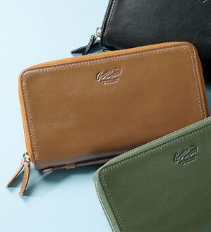 「＜クロコダイル＞スマホが入るダブルファスナー財布（メンズ財布・パスケース）」｜ブラウン