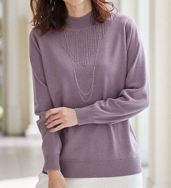 BELLUNA（ベルーナ）の「静電防止！洗えるウール入り透かし編みセーター（ニット・セーター）」｜ローズグレー