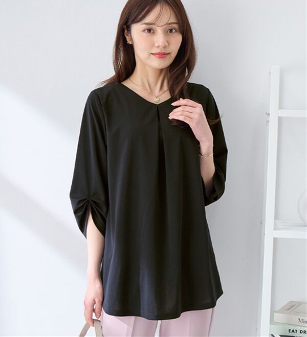 alotta（アロッタ）の「＜６つの機能付＞７分袖Ａラインフレアチュニックブラウス（チュニック）」｜ブラック