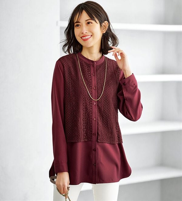 BELLUNA（ベルーナ）の「レース重ねシャツチュニック（チュニック）」｜ラズベリー
