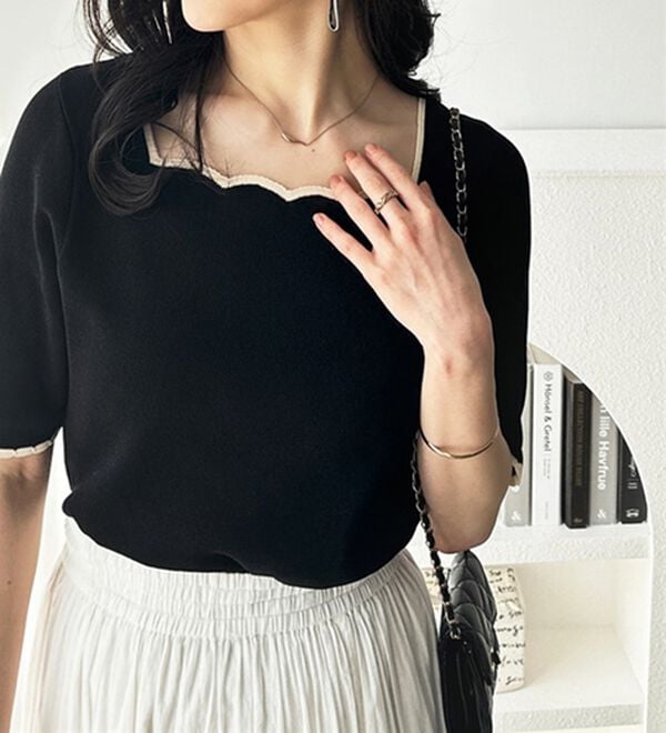 GeeRA（ジーラ）の「配色スカラップ５分袖ニット（ニット・セーター）」｜詳細画像