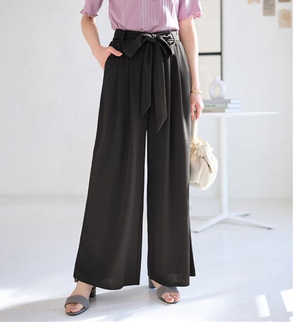 alotta（アロッタ）の「【４つの機能付】ひんやり共布リボン付ワイドパンツ（ワイドパンツ・ガウチョ）」｜詳細画像