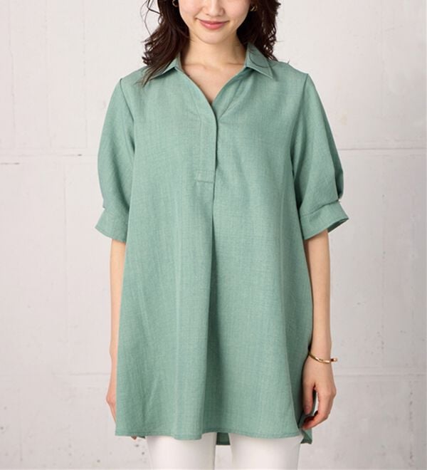 BELLUNA（ベルーナ）の「【接触冷感】麻調素材袖パール付シャツチュニック（チュニック）」｜詳細画像